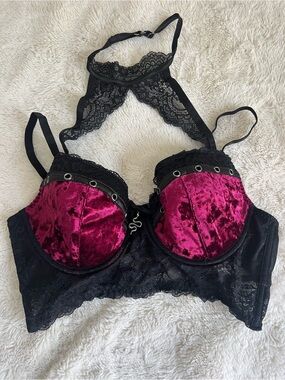 NWT Killstar Mercy Lace Velvet & Lace Underwire Bra - Black & Plum (Blood)